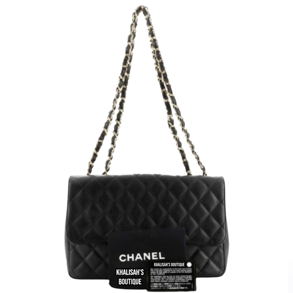 Rare!!! Chanel CC 24 kt GHW Classic Single Flap Bag Quilted BLACK Caviar JUMBO - Picture 3 of 9